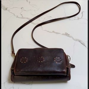 Black Vegan Leather Crossbody Bag with Flower Designs on Front